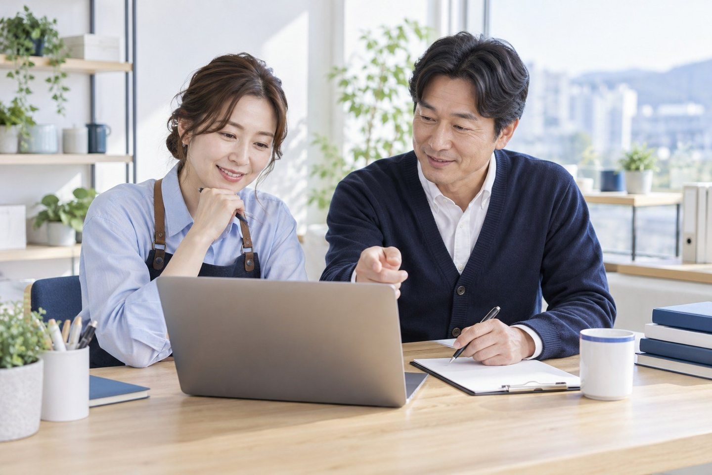 서류를 펼치고 조건을 함께 확인하는 두 사람 — 개인회생 PG 카드단말기 개통개통, 회생 중인 사장님도 빠르면 당일. 연락 주시면 서류부터 같이 챙겨 드립니다.